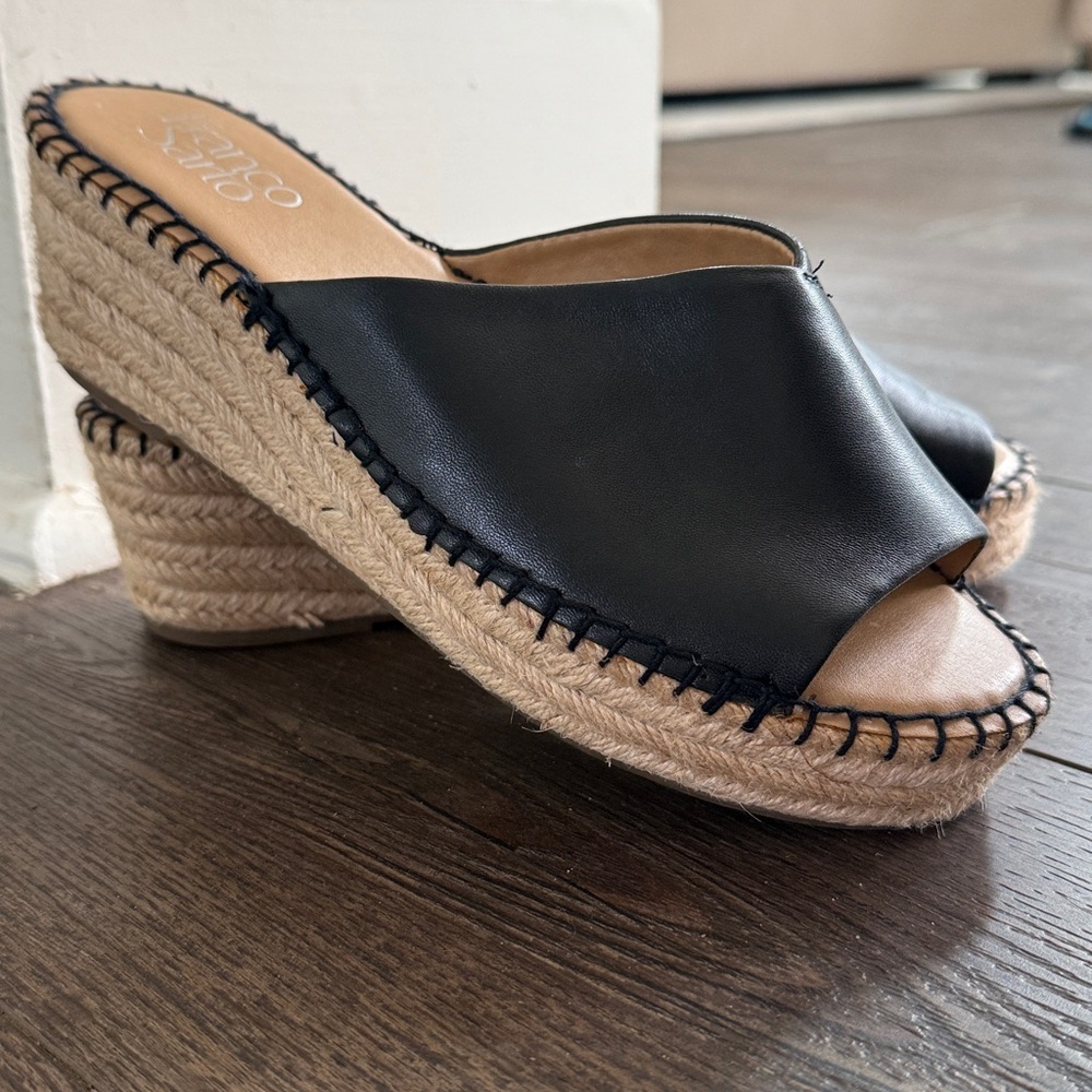 Franco Sarto Black Leather Espadrille Platform Slides  6.5
